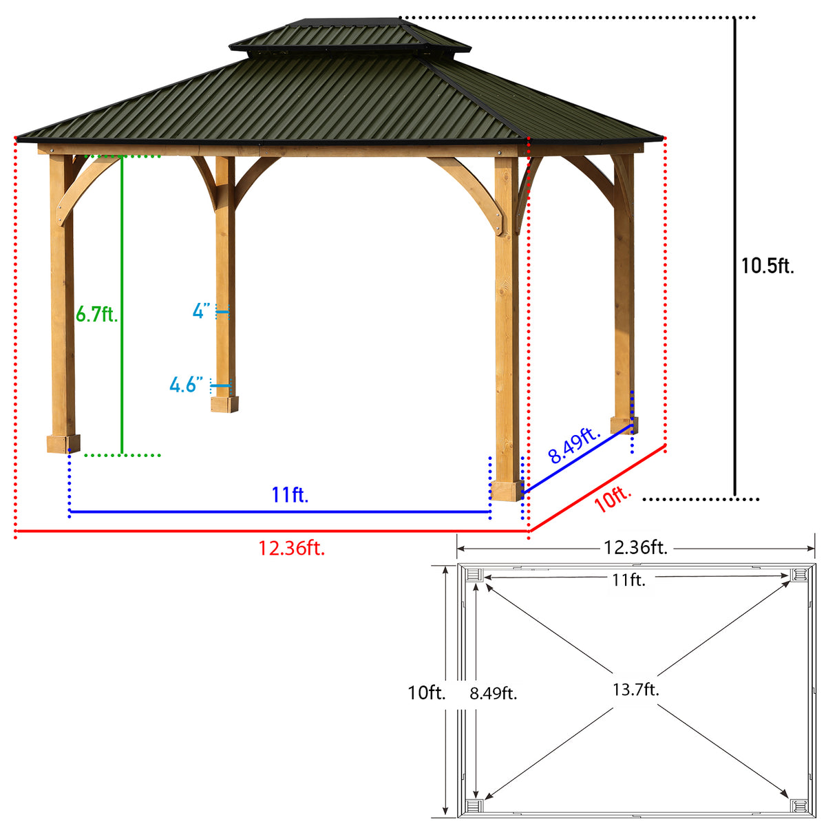 Green 10 x 12 ft. Solid Wooden Gazebo with Hardtop Roof S1987