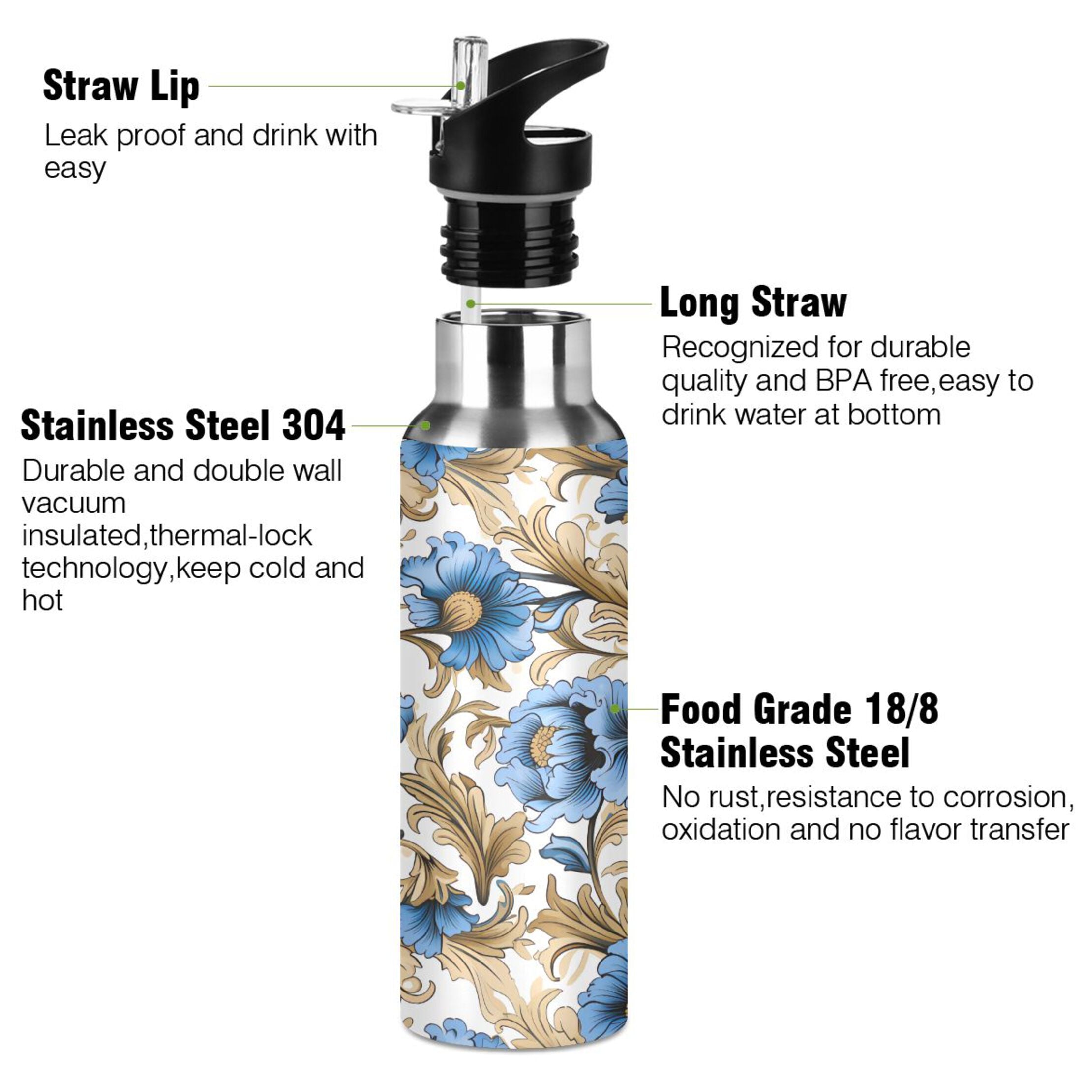 Blue Flowers Gold Leaves Stainless Steel Insulated Water Bottle V2687