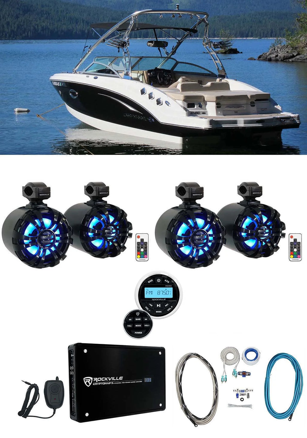 6.5" LED Swivel Black Marine Wakeboard Speakers with Receiver Amp Wires F555517