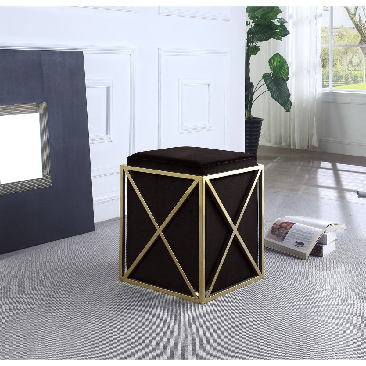 Black Velvet Ottoman with Brass Finished Stainless Steel Frame F76901