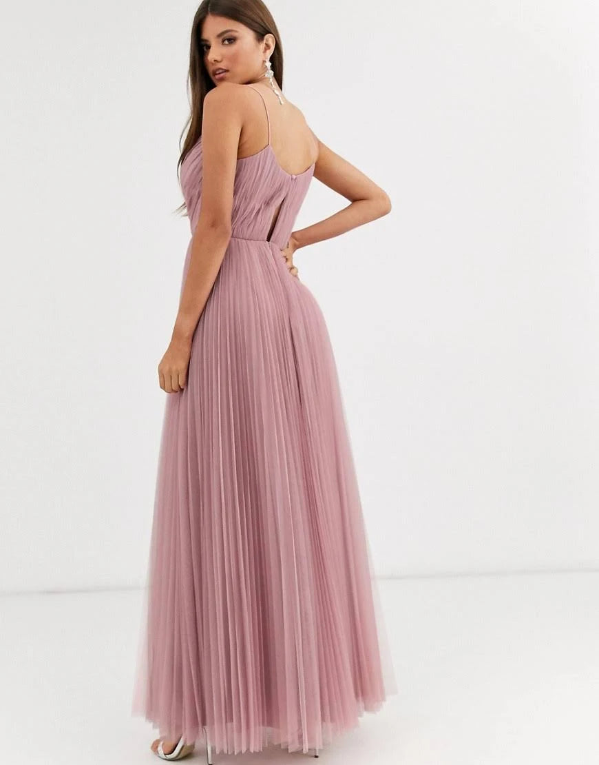 Light rose-Pink Pleat Tulle Maxi Dress K386