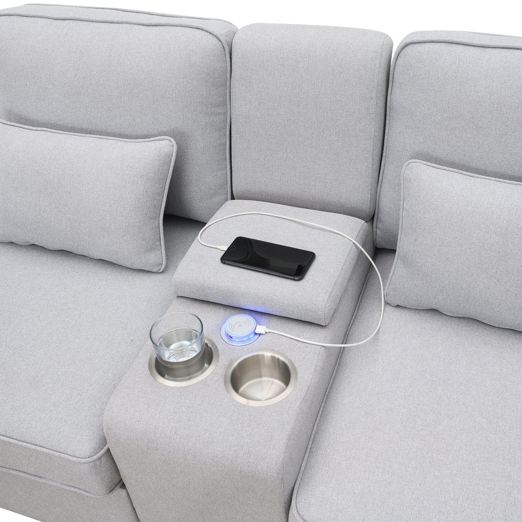 Upholstered Sofa with Console, 2 Cupholders and 2 USB Ports, Linen Fabric, 4-Seat O5598
