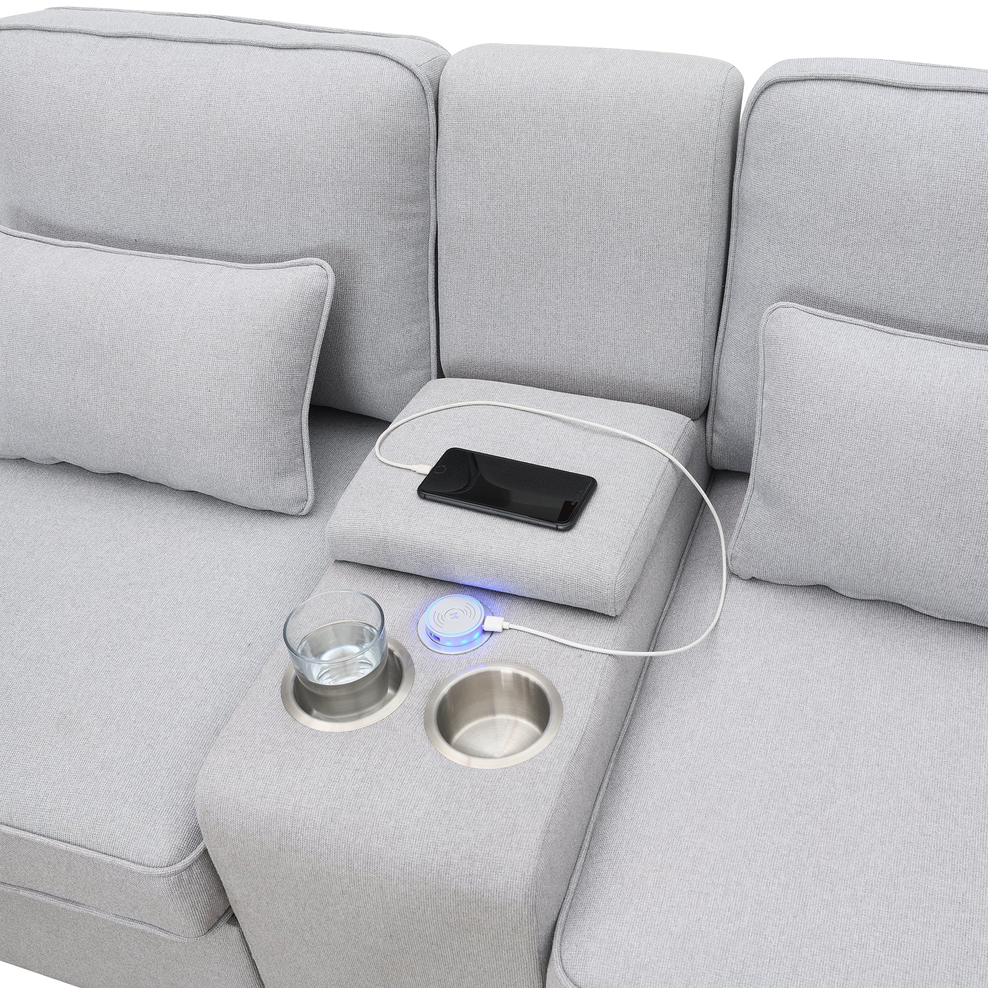 Upholstered Sofa with Console, 2 Cupholders and 2 USB Ports, Linen Fabric, 4-Seat O5598