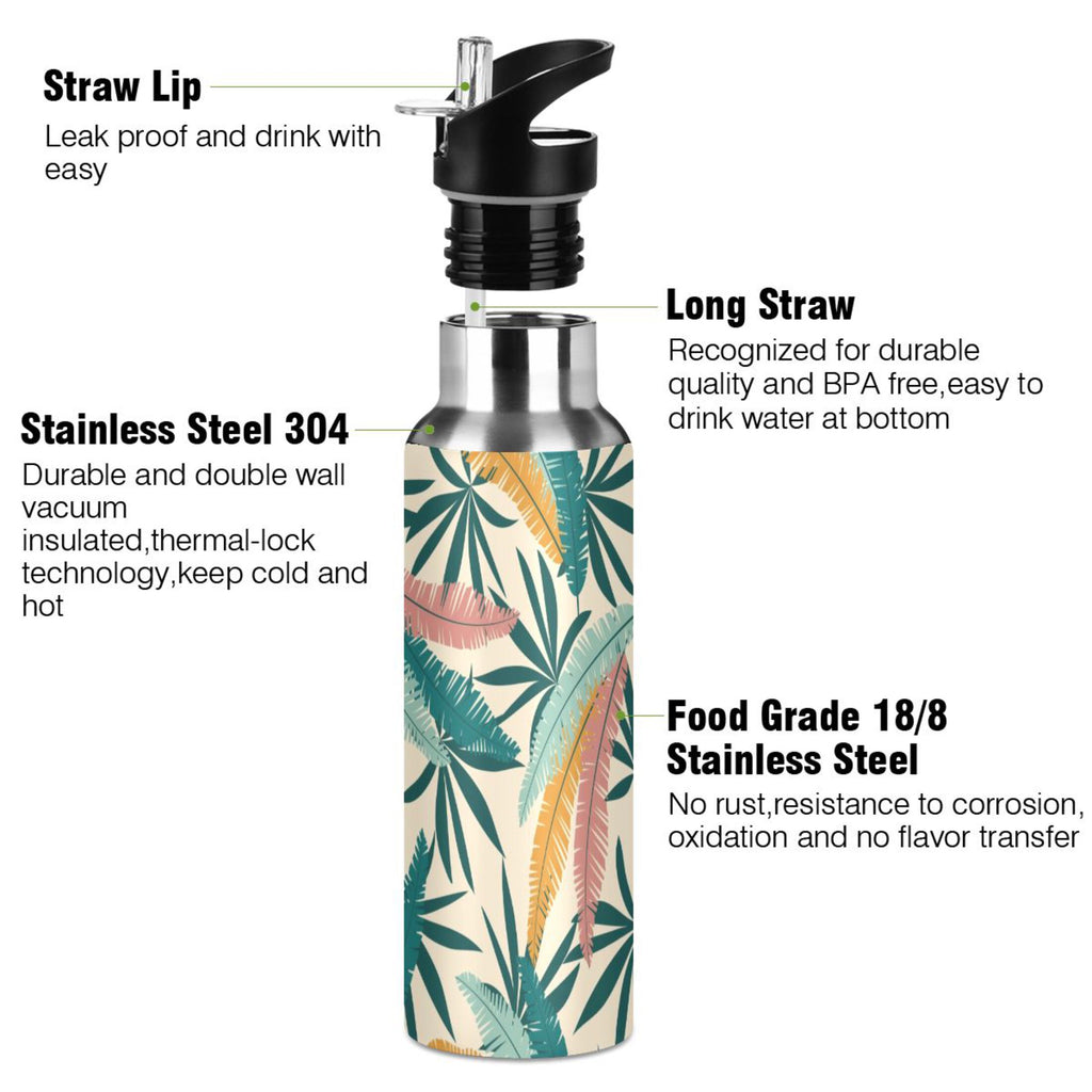 Green Leaves Stainless Steel Insulated Water Bottle with Straw Lid T59095