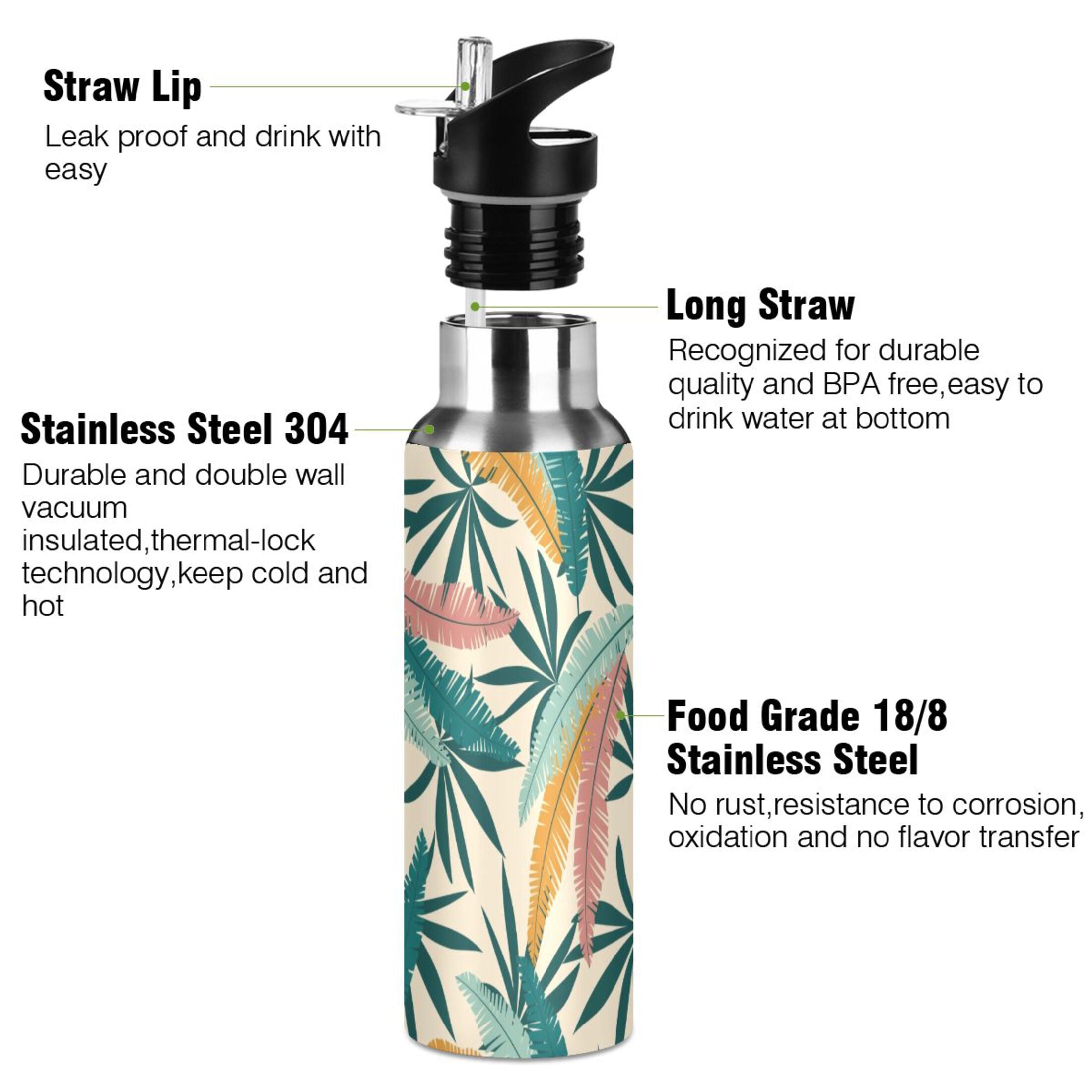 Green Leaves Stainless Steel Insulated Water Bottle with Straw Lid T59095