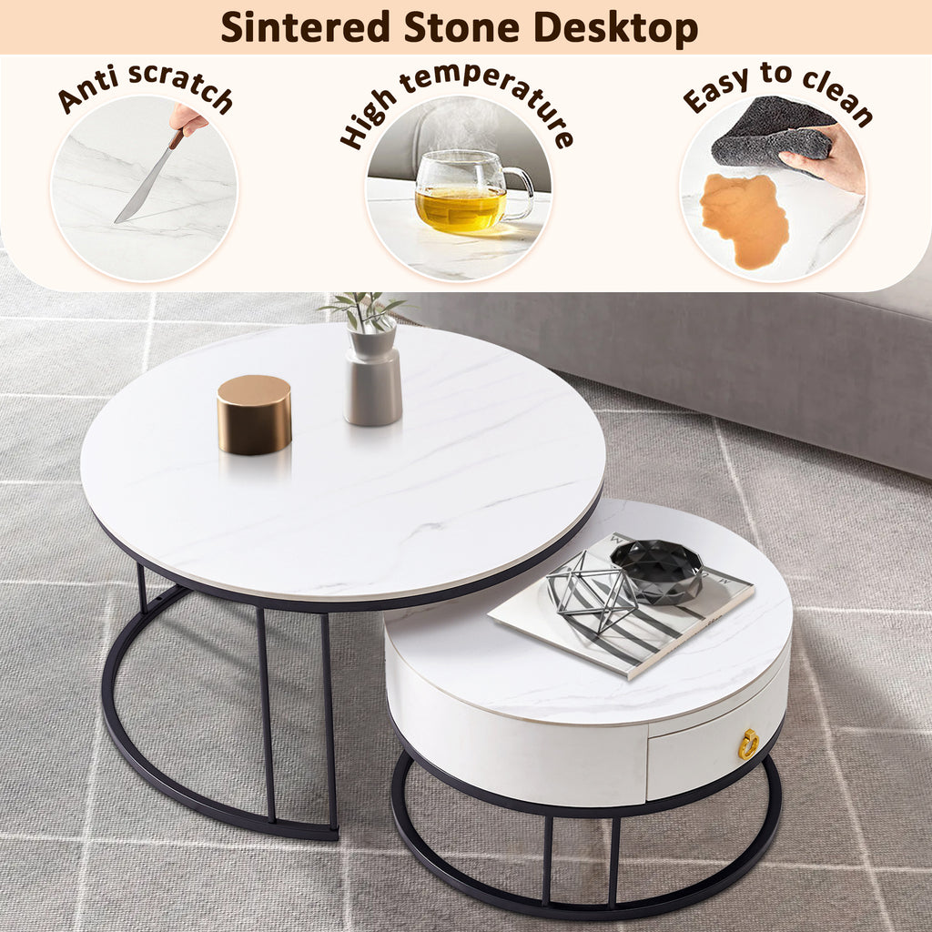 Black Nesting Coffee Table Set of 2 with Drawer, Sintered Stone Top Leather Wrapping Metal Frame D9836