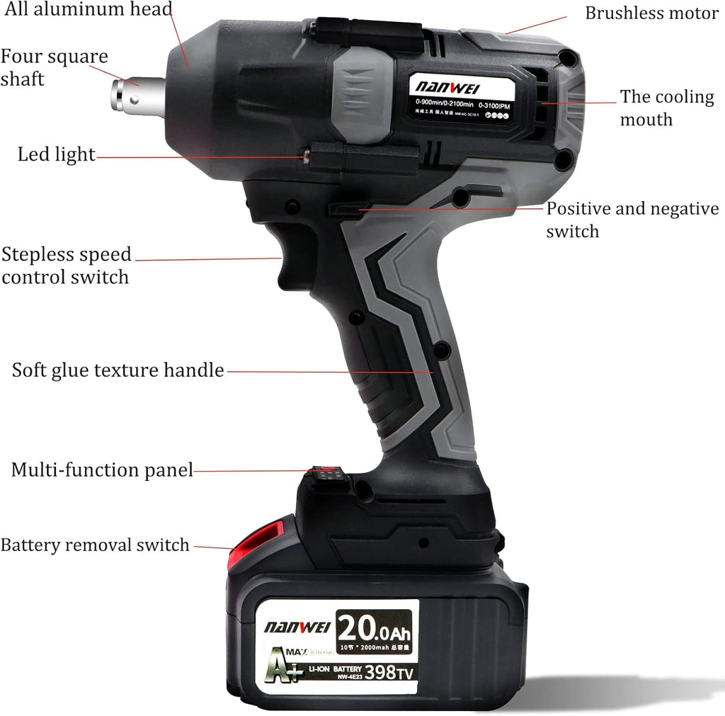 1/2-inch Brushless Impact Wrench with Detent Pin Anvil, 2 Battery 4.0A Li-ion, 600N W190330