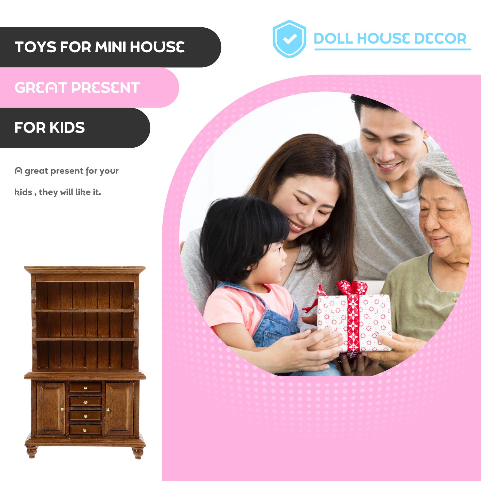 Walnut Color Wooden Dollhouse Miniature Bookcase S62809