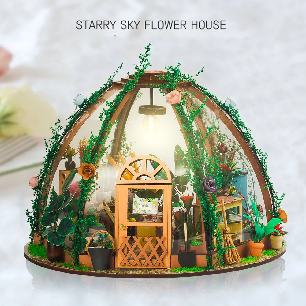 DIY Miniature Dollhouse Kit Wooden Flower Green House with LED Light W84936