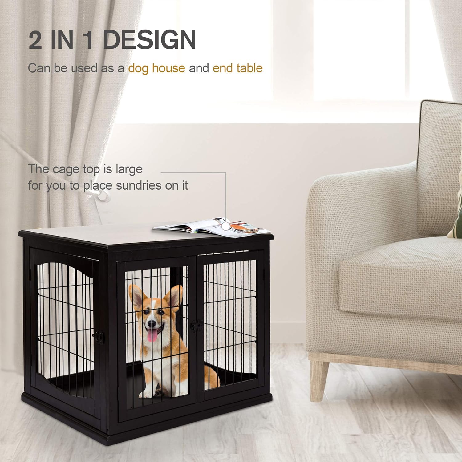 26'' Wooden Dog Cage Pet Crate Kennel with Double Door, Dark Brown U4228