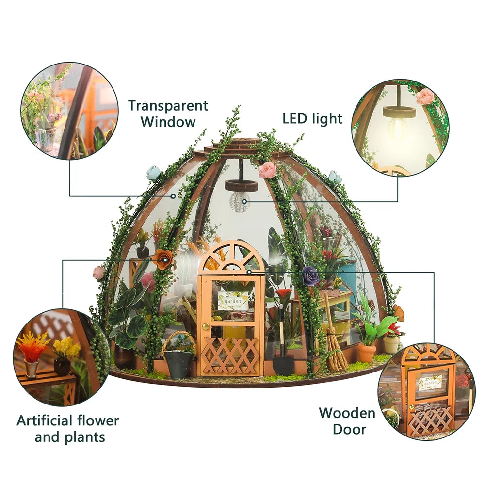 DIY Miniature Dollhouse Kit Wooden Flower Green House with LED Light W84936