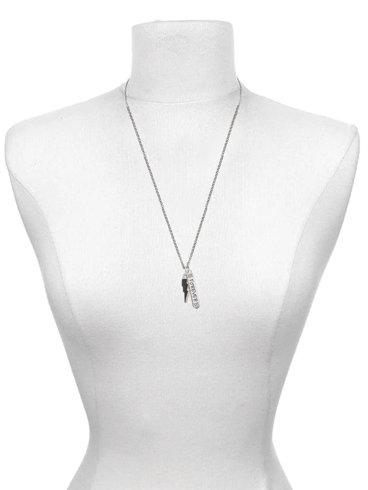 Silvertone Black Lightning Bolt Bar Charm Necklace, 23" A67418
