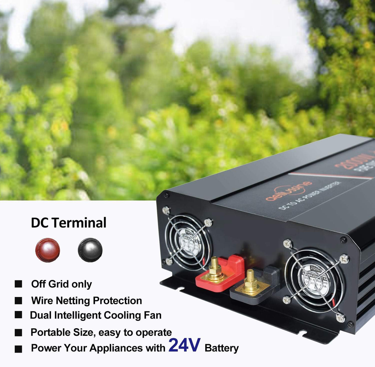 Power Inverter 2000 Watt Pure Sine Wave 24v DC to AC 120v Peak 4000 Watt with LCD Display USB Charge Port K449