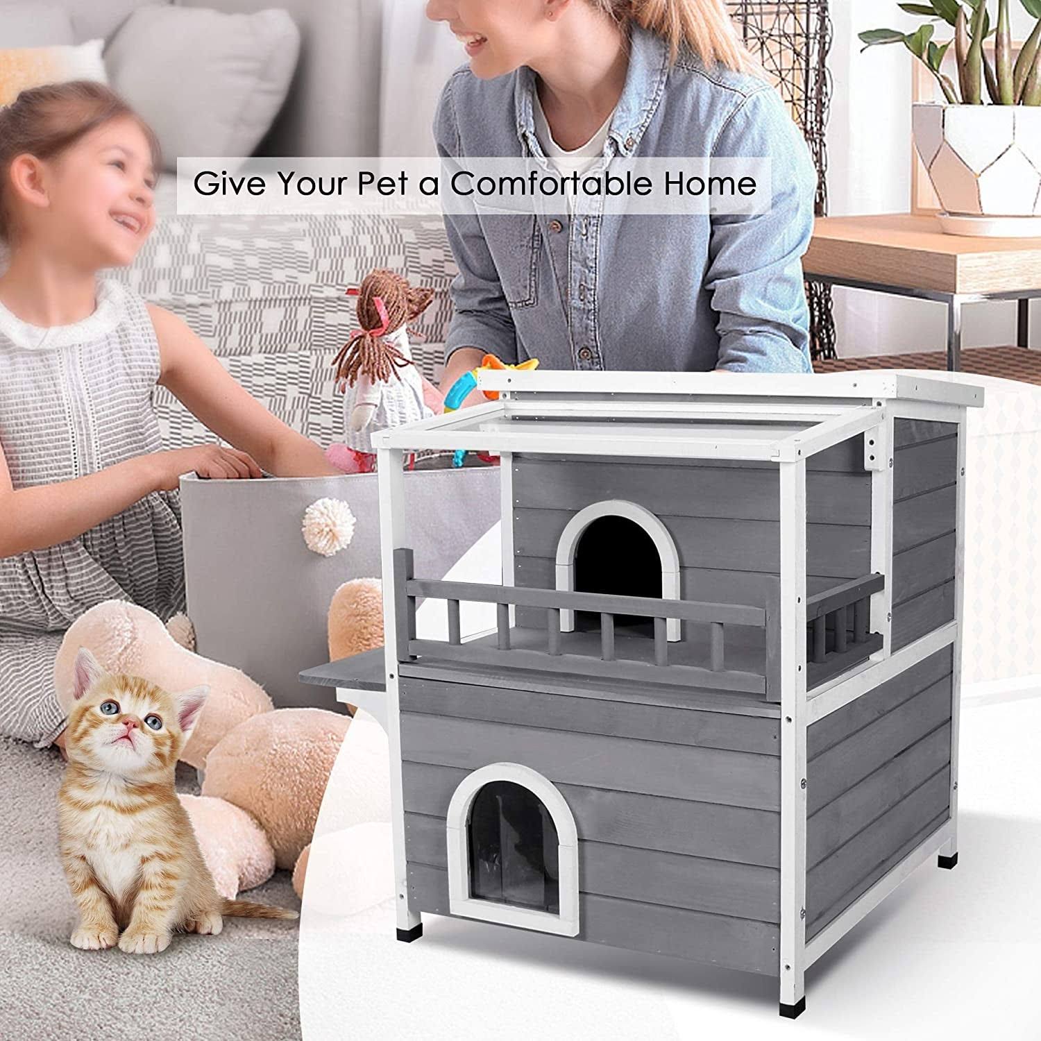 2-Story Weatherproof Wooden Cat Shelter House with Transparent PVC Canopy O698236