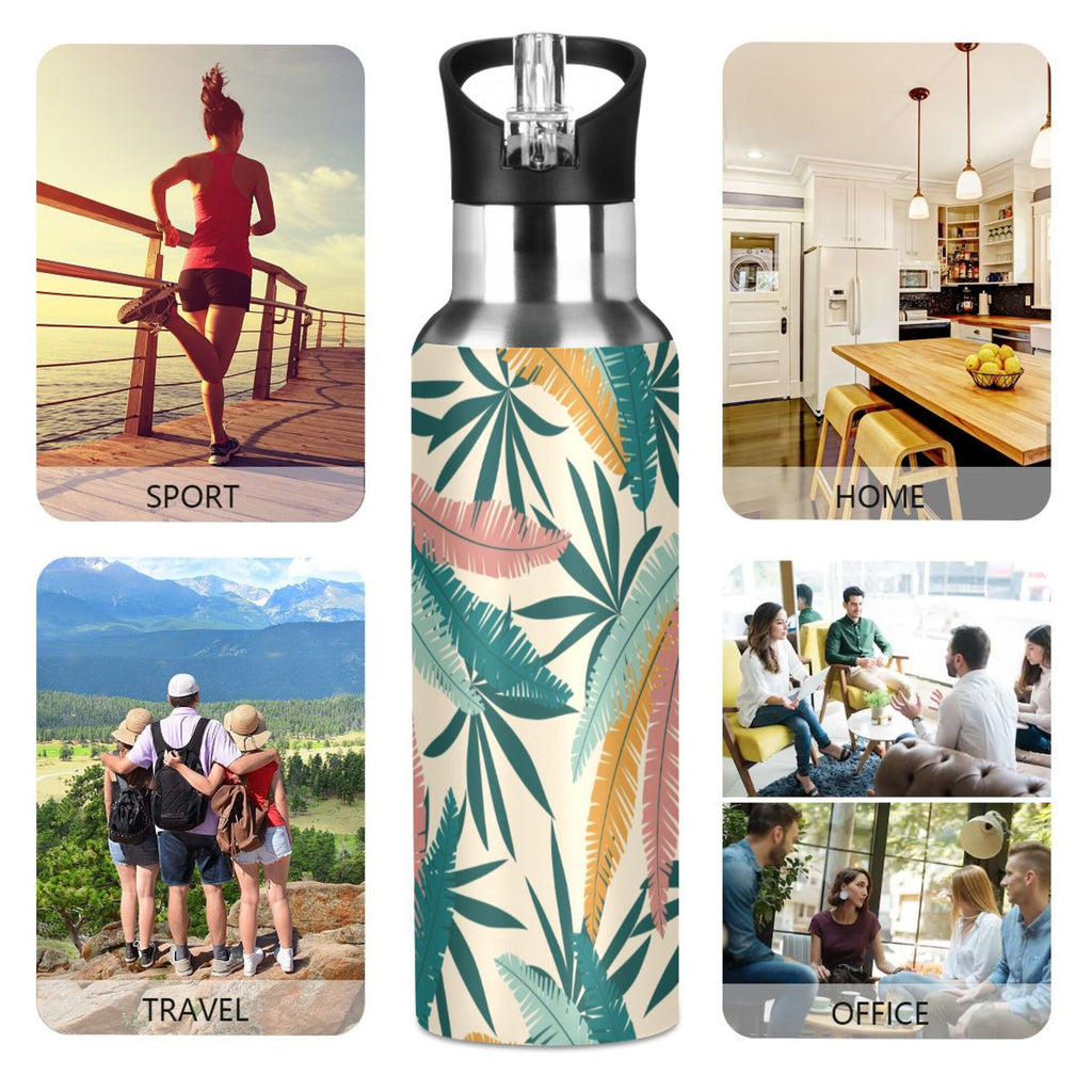 Green Leaves Stainless Steel Insulated Water Bottle with Straw Lid T59095