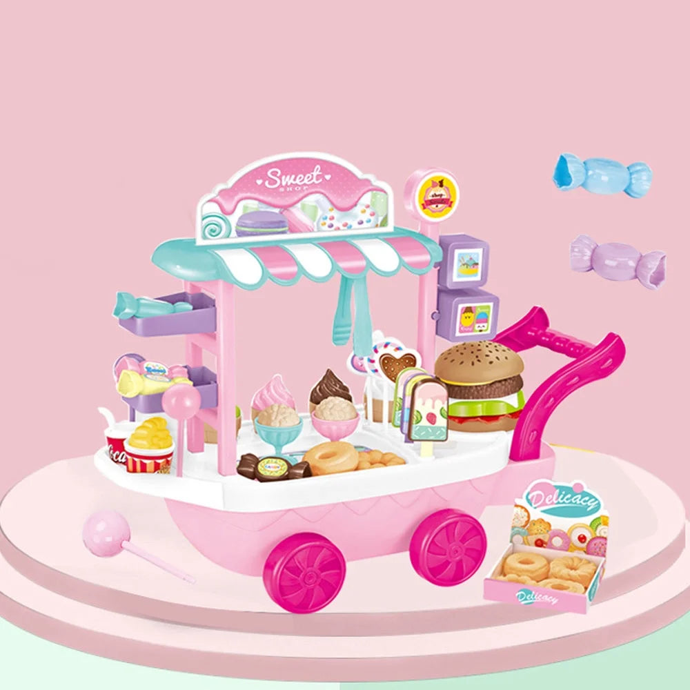 Ice Cream Cart 36pcs Pretend Play Kitchen Toy Set With Umbrella Food Dishes R738381
