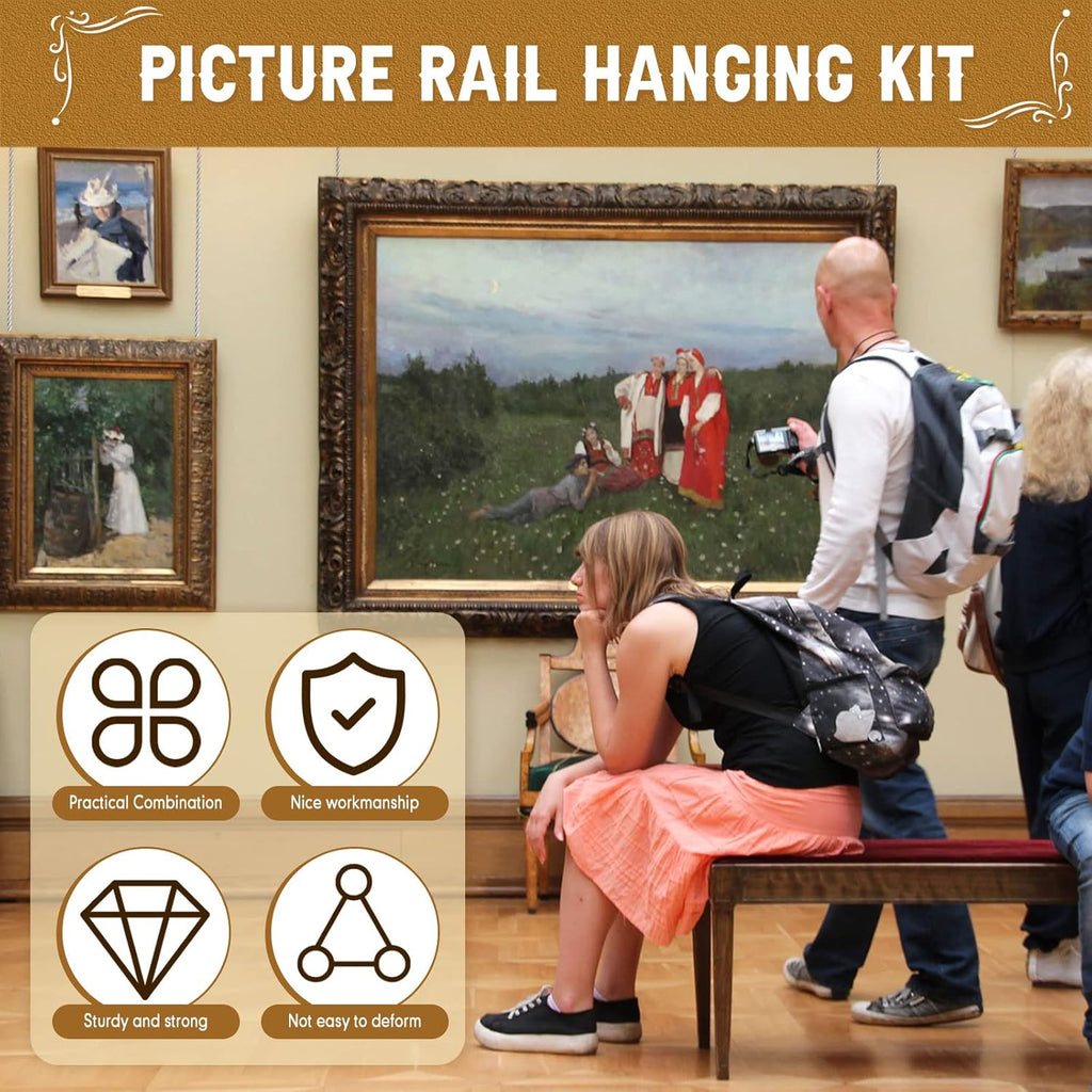 18 Pcs Picture Rail Hanging Kit with Stainless Steel Cable Loop Cord and Adjustable Photo Hooks S95249
