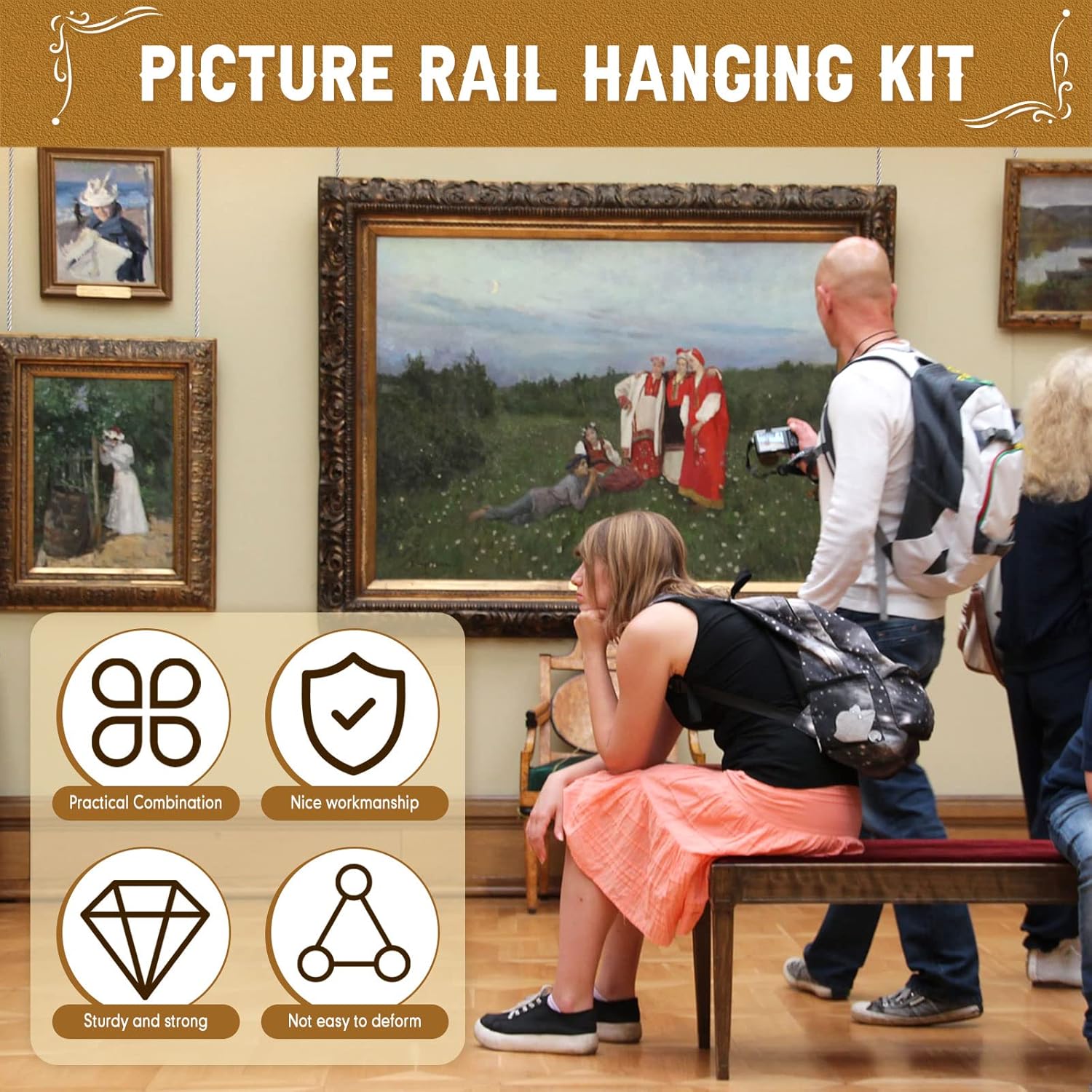 18 Pcs Picture Rail Hanging Kit with Stainless Steel Cable Loop Cord and Adjustable Photo Hooks S95249