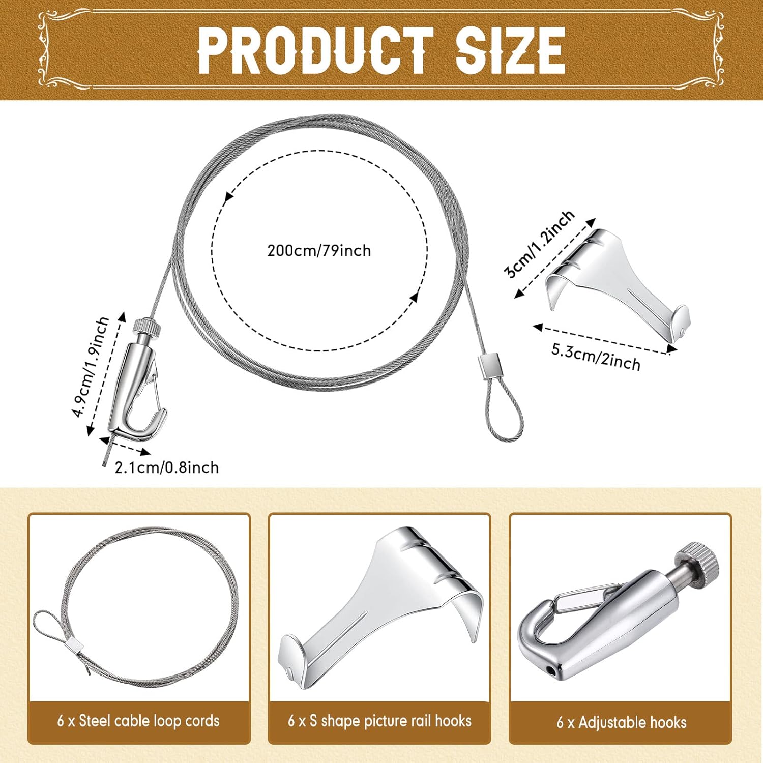 18 Pcs Picture Rail Hanging Kit with Stainless Steel Cable Loop Cord and Adjustable Photo Hooks S95249