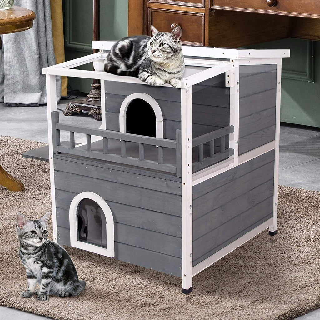 2-Story Weatherproof Wooden Cat Shelter House with Transparent PVC Canopy O698236