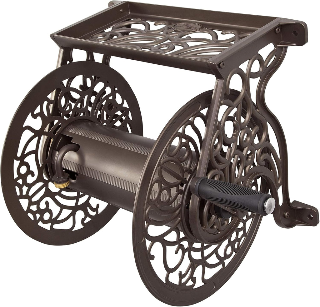 Cast Aluminum Wall Mount Garden Hose Reel, 125-Feet, Bronze O3835