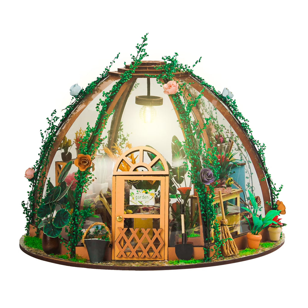 DIY Miniature Dollhouse Kit Wooden Flower Green House with LED Light W84936