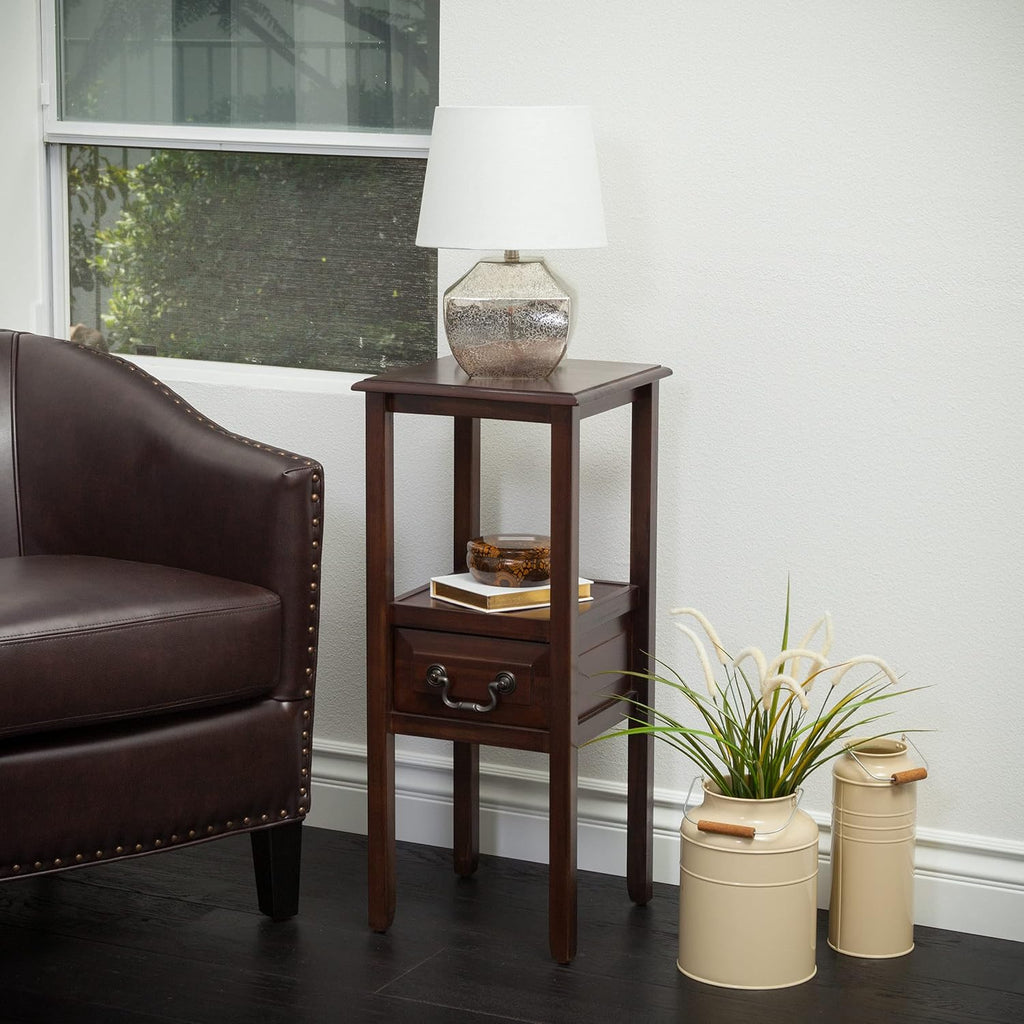 Brown Mahogany Acacia Wood Accent Table with Bottom Drawer L4523