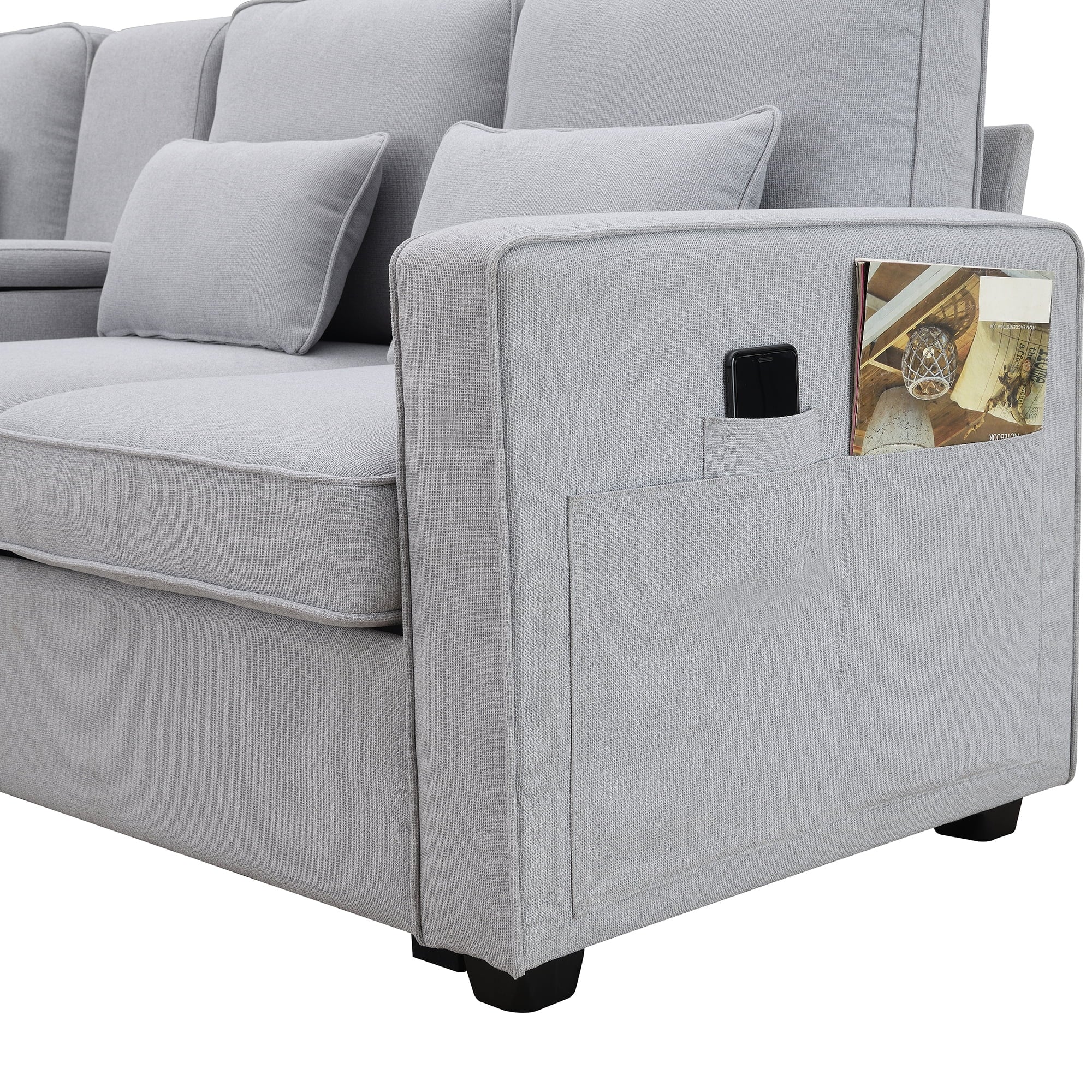Upholstered Sofa with Console, 2 Cupholders and 2 USB Ports, Linen Fabric, 4-Seat O5598