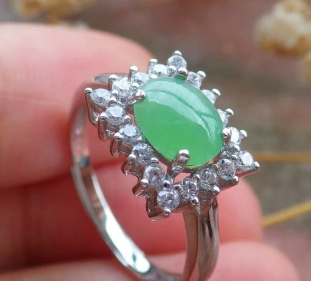 Icy Green Silver 925 Jadeite Cabochon Ring W779
