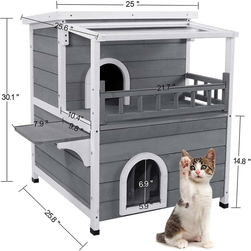 2-Story Weatherproof Wooden Cat Shelter House with Transparent PVC Canopy O698236