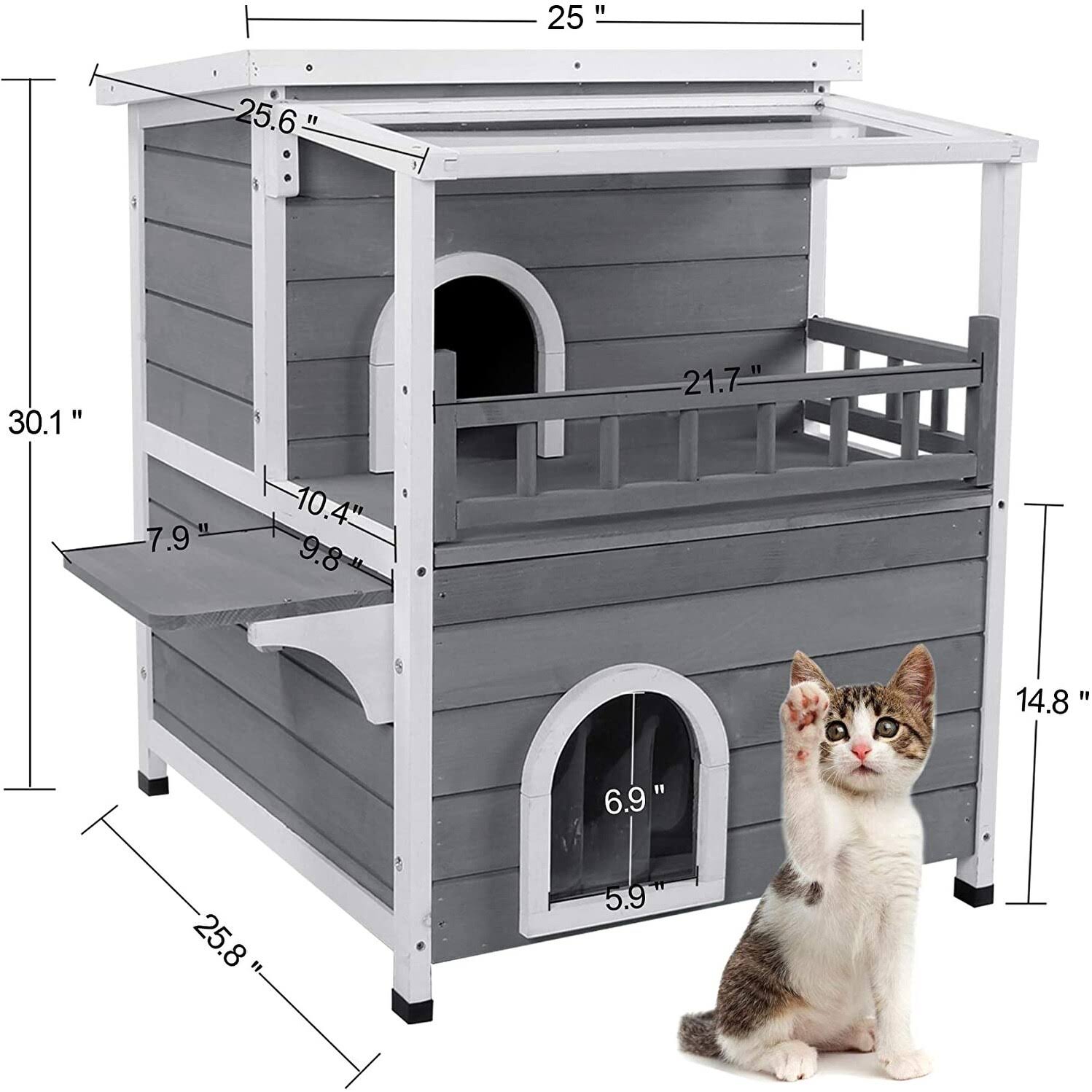 2-Story Weatherproof Wooden Cat Shelter House with Transparent PVC Canopy O698236
