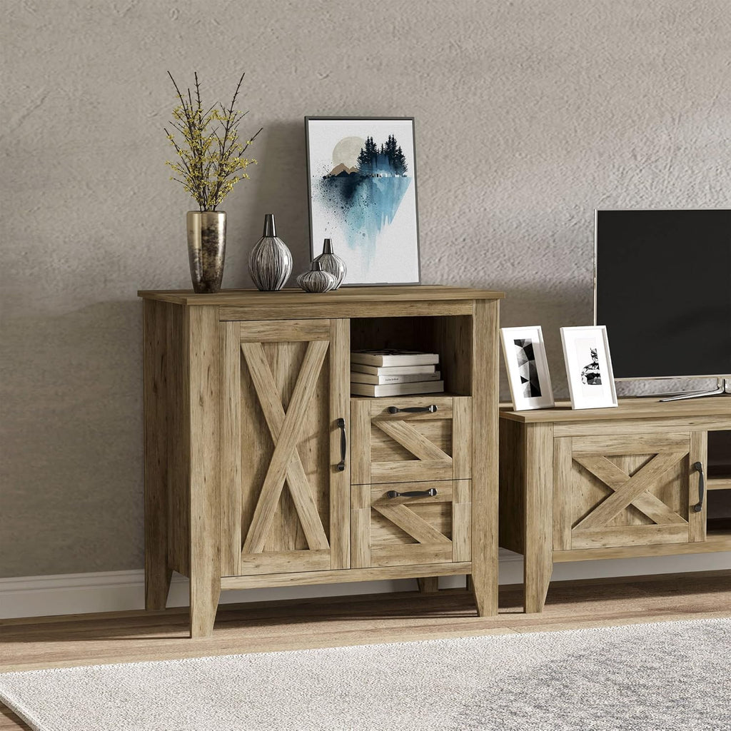 Oak Finish Sideboard with Cabinet, 2 Drawers and Open Shelf E143