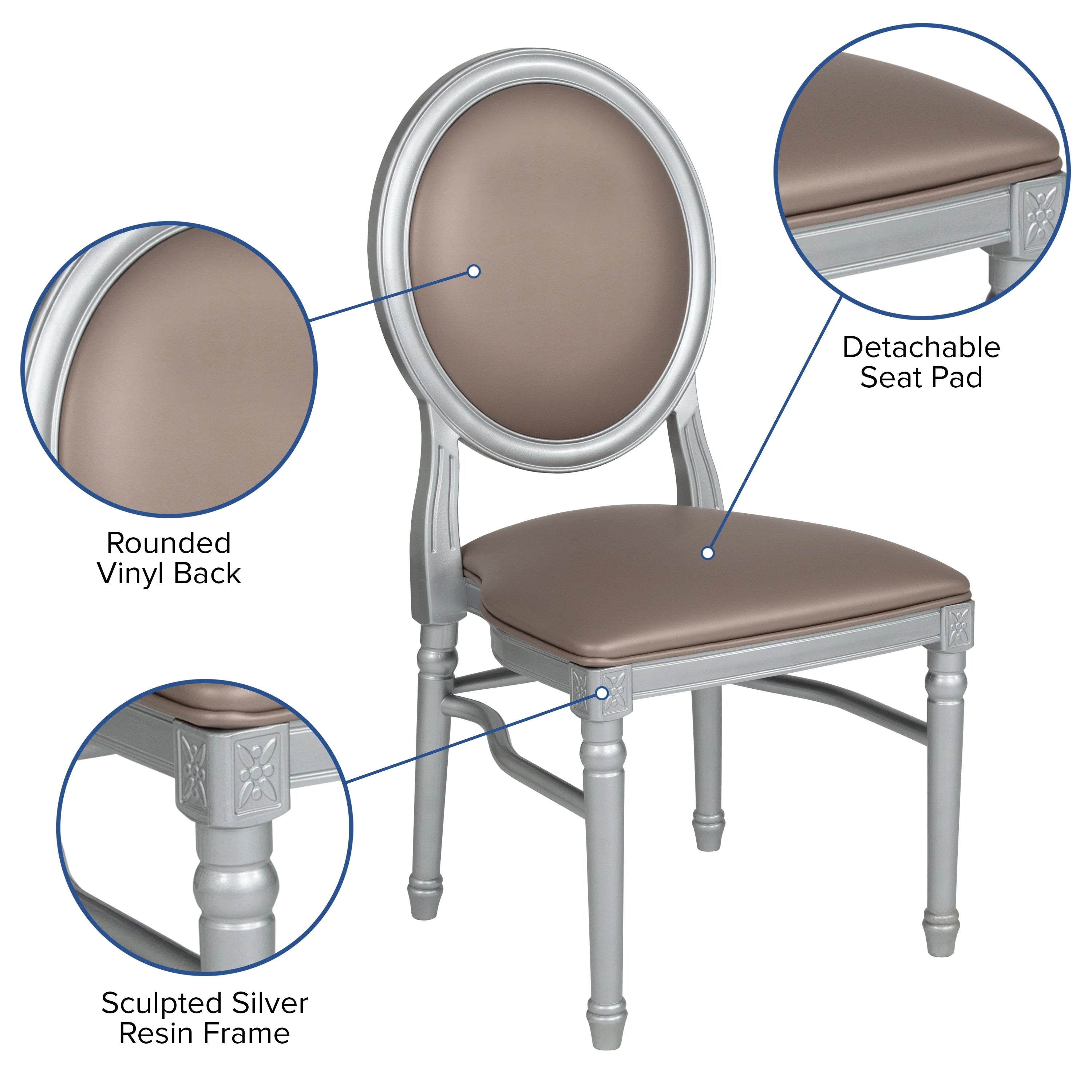 King Louis Dining Chair with Taupe Vinyl Back and Seat & Silver Frame T87181