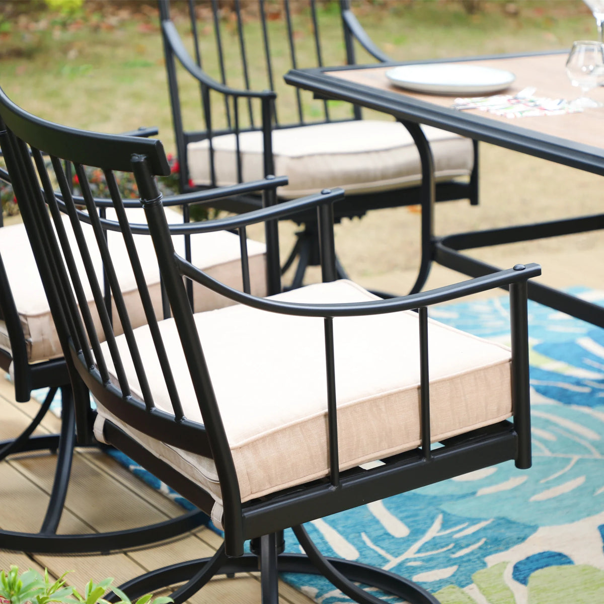 7-Piece Outdoor Dining Set with Faux Wood Table and Swivel Cushioned Chairs J16854