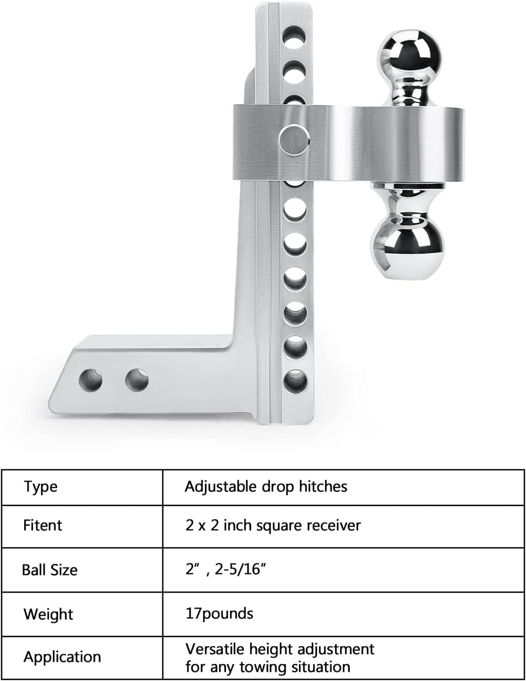 Adjustable Trailer Hitch Ball Mount, 2-Inch Receiver, 10-Inch Drop, 10-Inch Rise, Dual Towing Balls with Double Pin Key Locks H55123