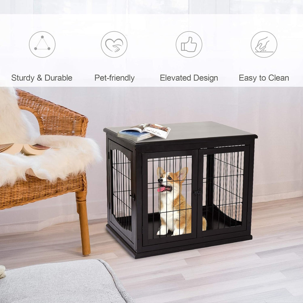 26'' Wooden Dog Cage Pet Crate Kennel with Double Door, Dark Brown U4228
