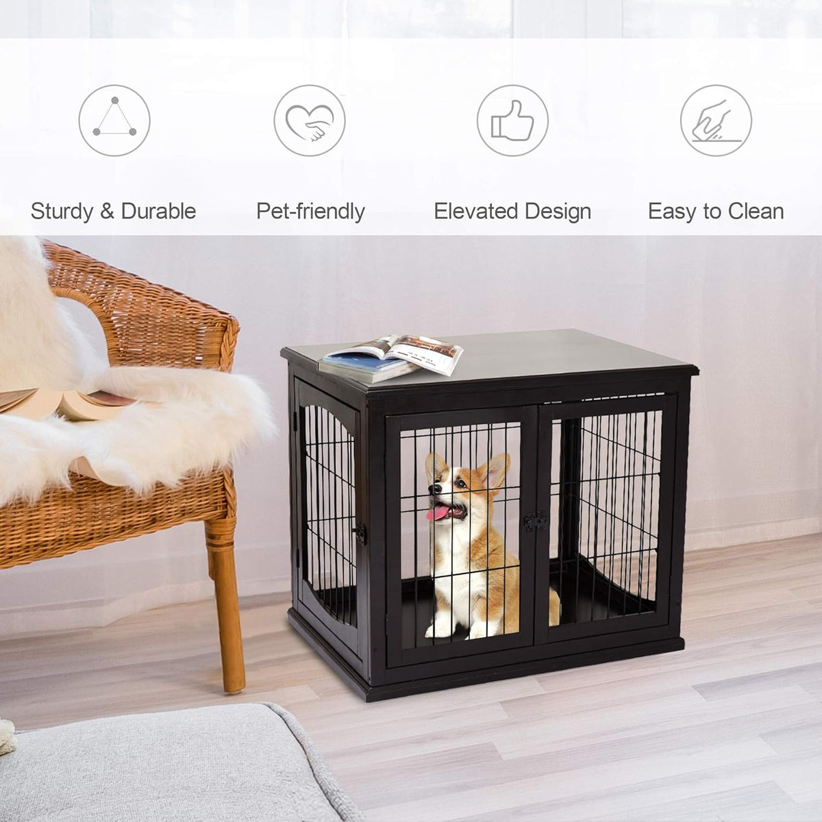 26'' Wooden Dog Cage Pet Crate Kennel with Double Door, Dark Brown U4228