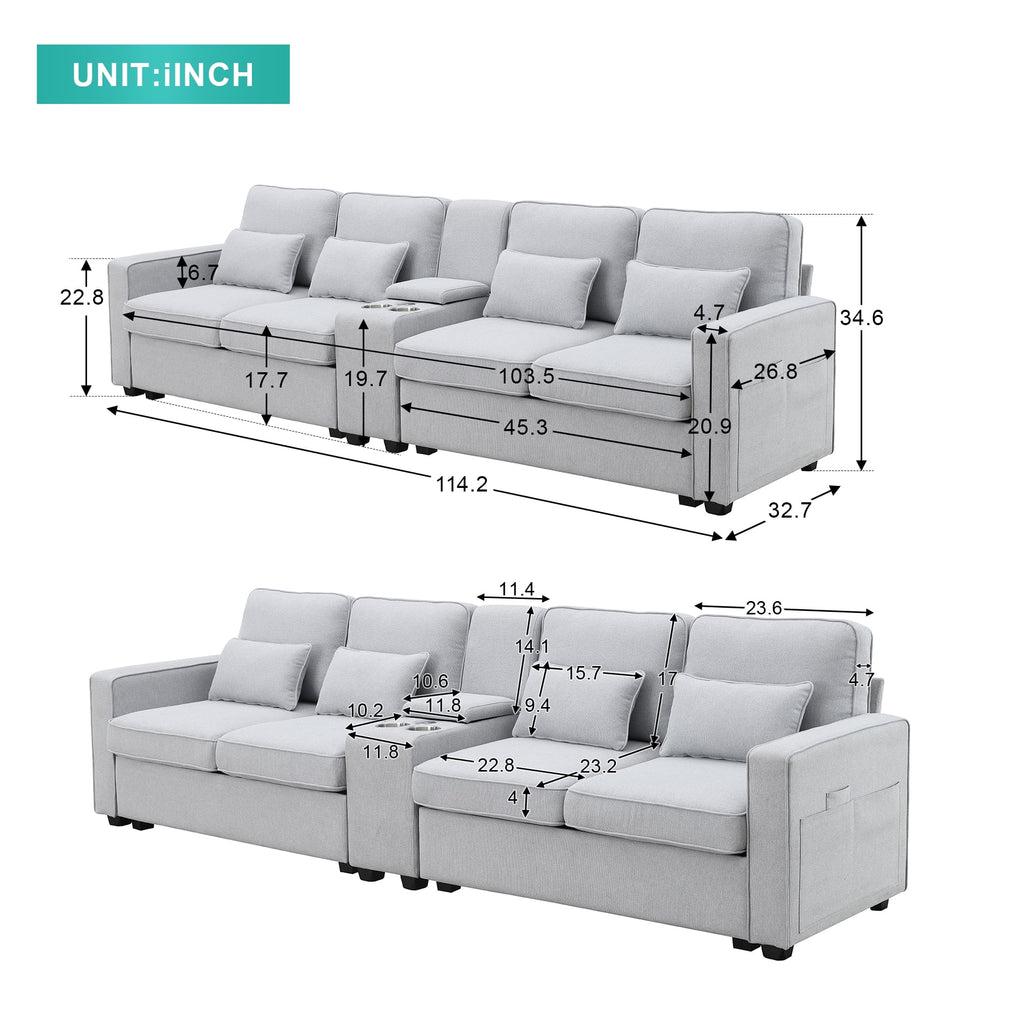 Upholstered Sofa with Console, 2 Cupholders and 2 USB Ports, Linen Fabric, 4-Seat O5598