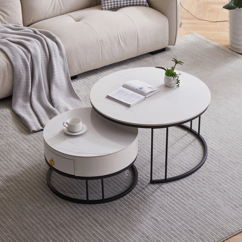 Black Nesting Coffee Table Set of 2 with Drawer, Sintered Stone Top Leather Wrapping Metal Frame D9836