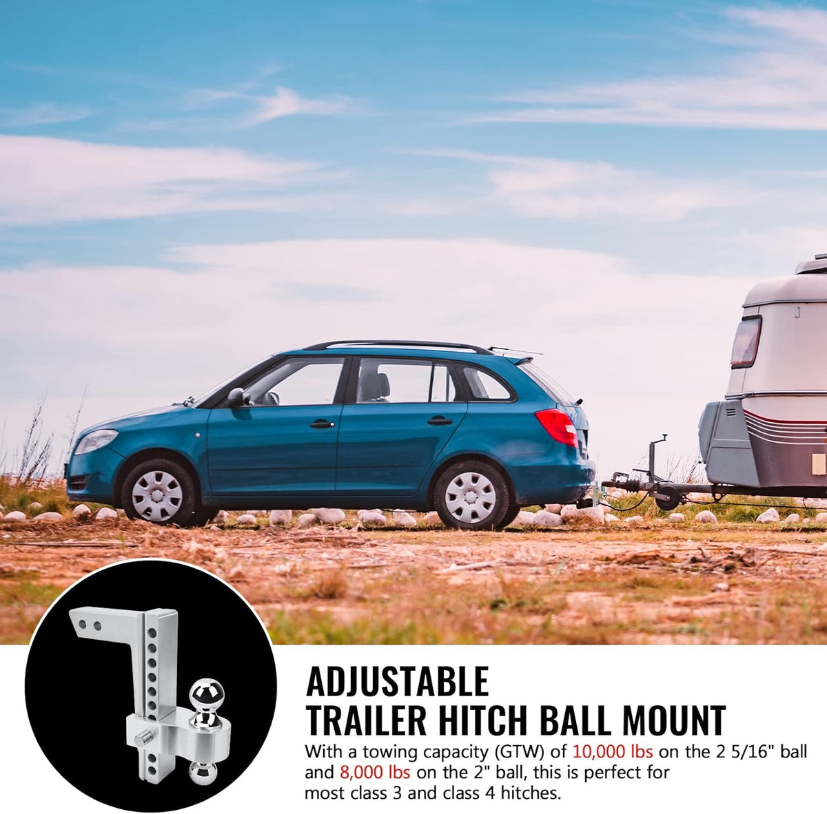 Adjustable Trailer Hitch Ball Mount, 2-Inch Receiver, 10-Inch Drop, 10-Inch Rise, Dual Towing Balls with Double Pin Key Locks H55123