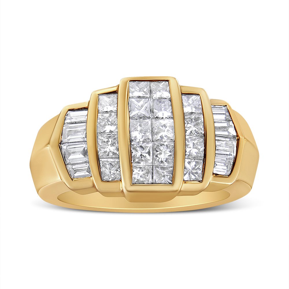 14K Yellow Gold Channel Baguette and Princess-Cut Diamond Cocktail Ring Band Q7772