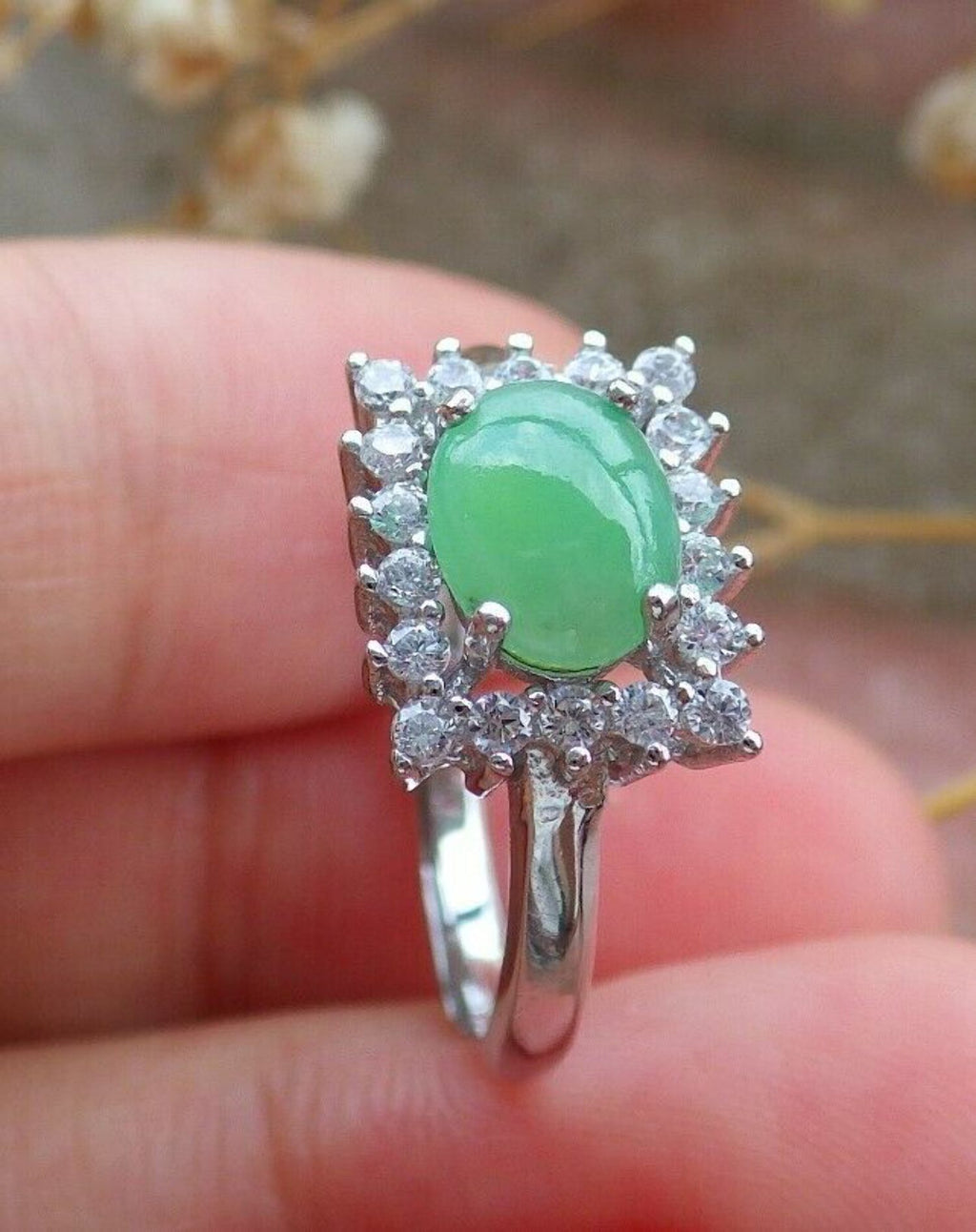 Icy Green Silver 925 Jadeite Cabochon Ring W779