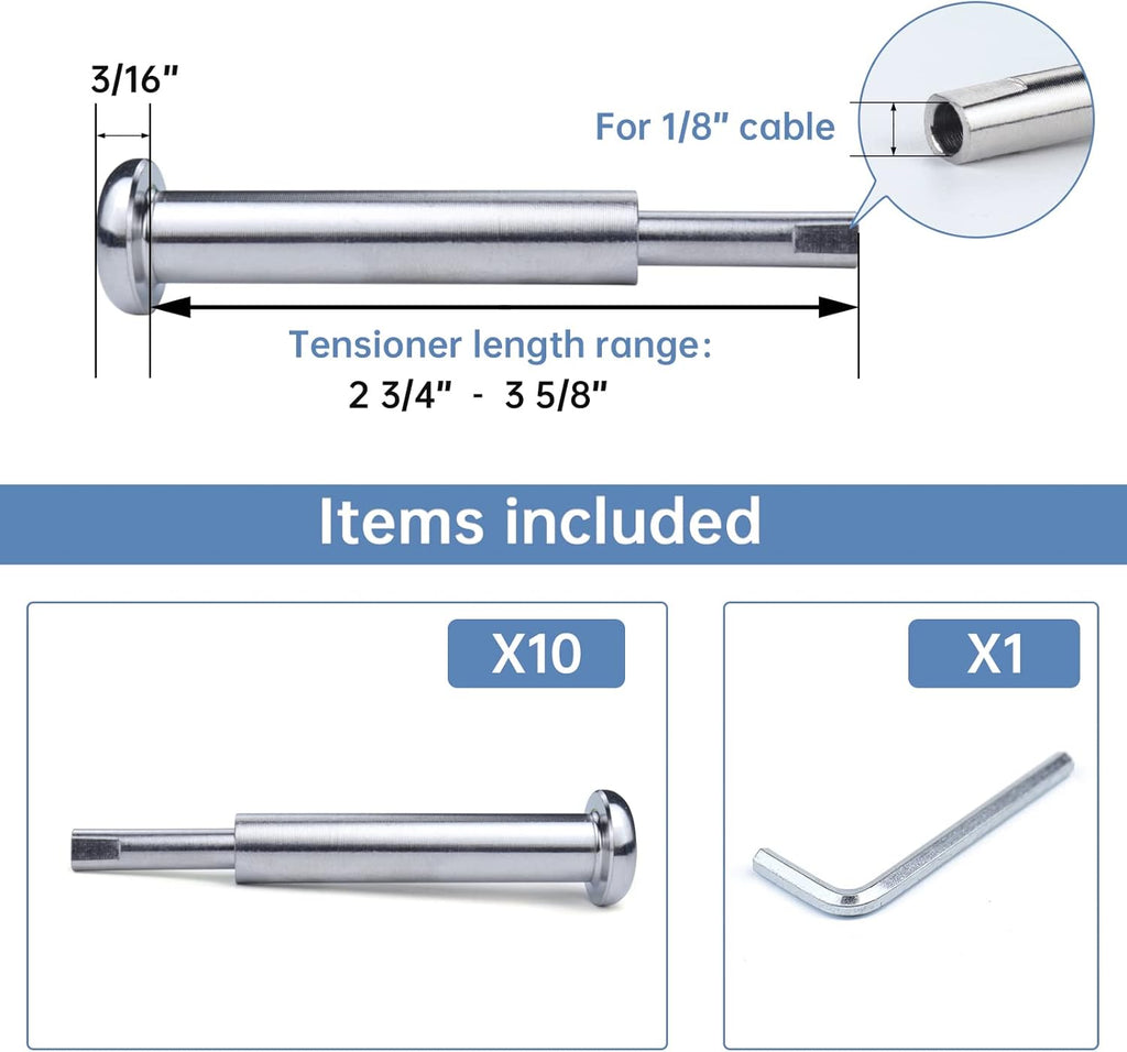 10Pair Cable Railing Kit Invisible 1/8 Swage Tensioner T316 Stainless Steel E95008