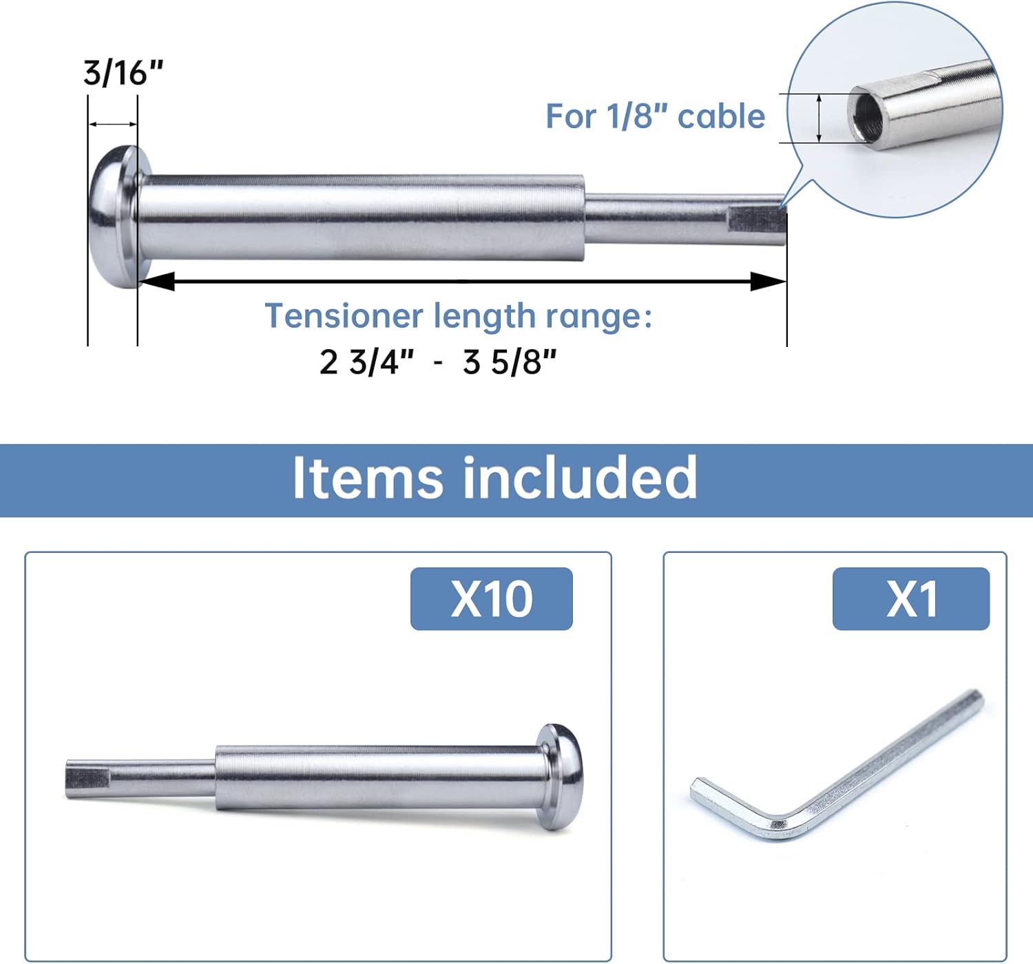 10Pair Cable Railing Kit Invisible 1/8 Swage Tensioner T316 Stainless Steel E95008