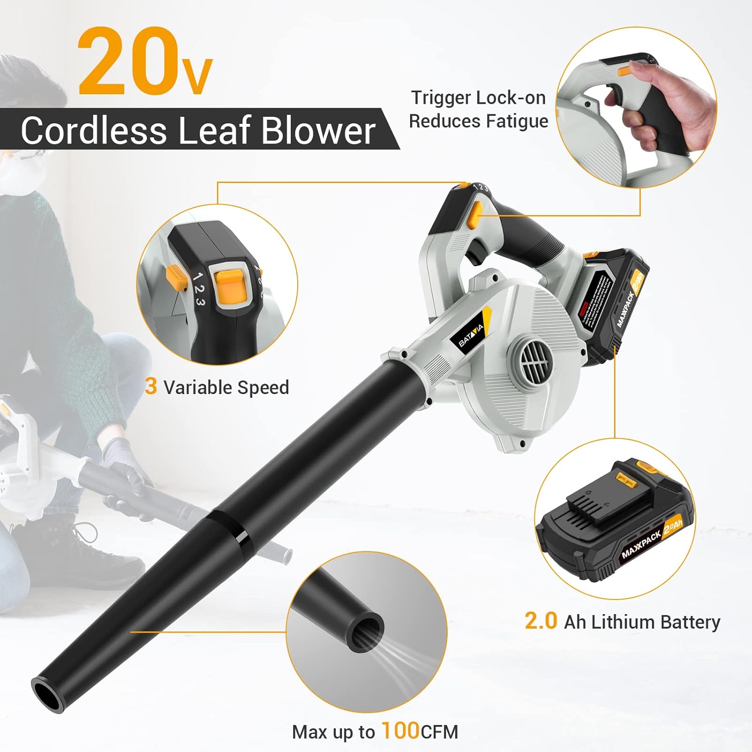 20V Cordless Electric Leaf Blower & Vacuums with Charger & 2.0Ah Lithium Battery E3882