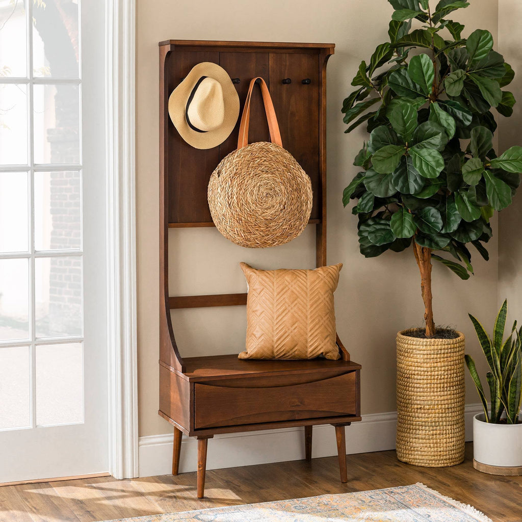 Solid Wood Hall Tree with Drawer Walnut Q7577