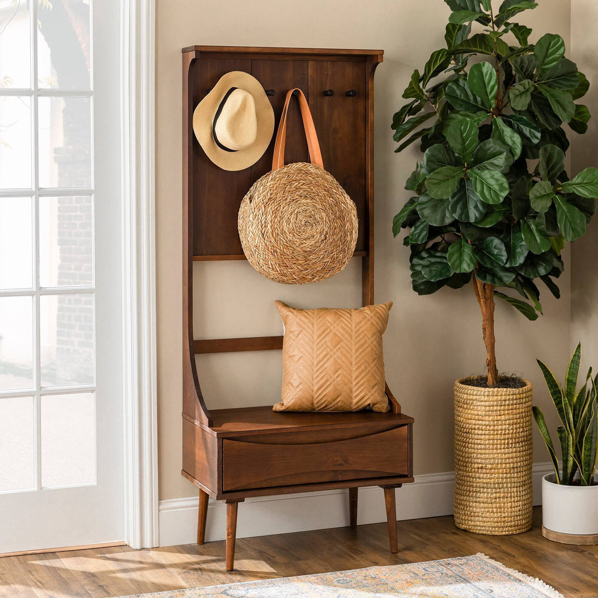 Solid Wood Hall Tree with Drawer Walnut Q7577