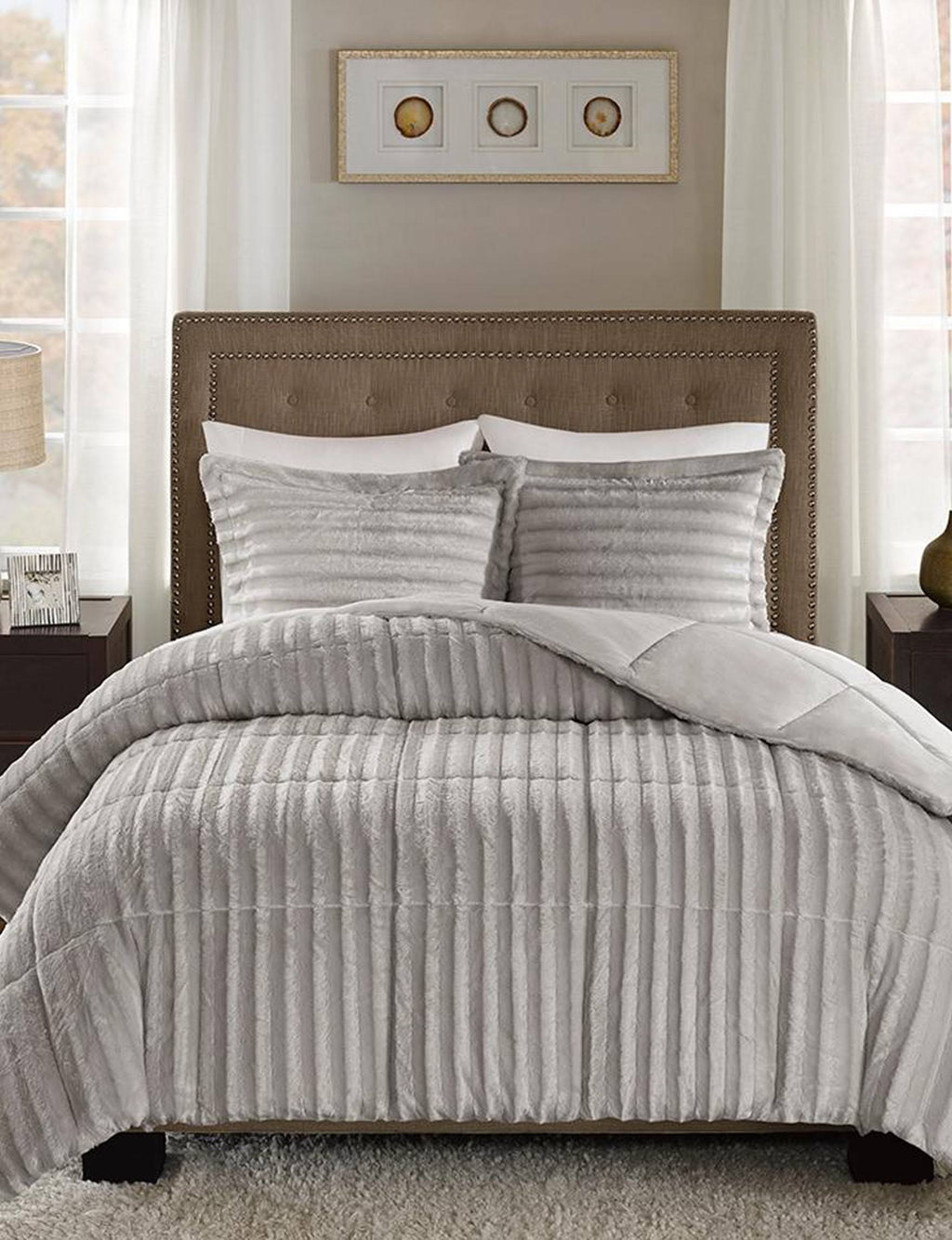 Grey Faux Fur Comforter Mini Set King/Cal King U37918