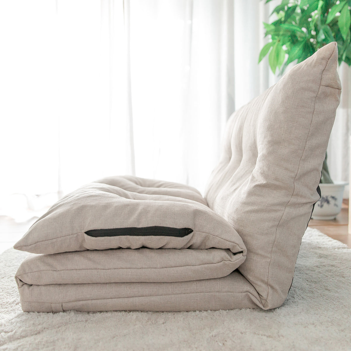 Beige Fabric Folding Chaise Sofa Floor Couch N599121