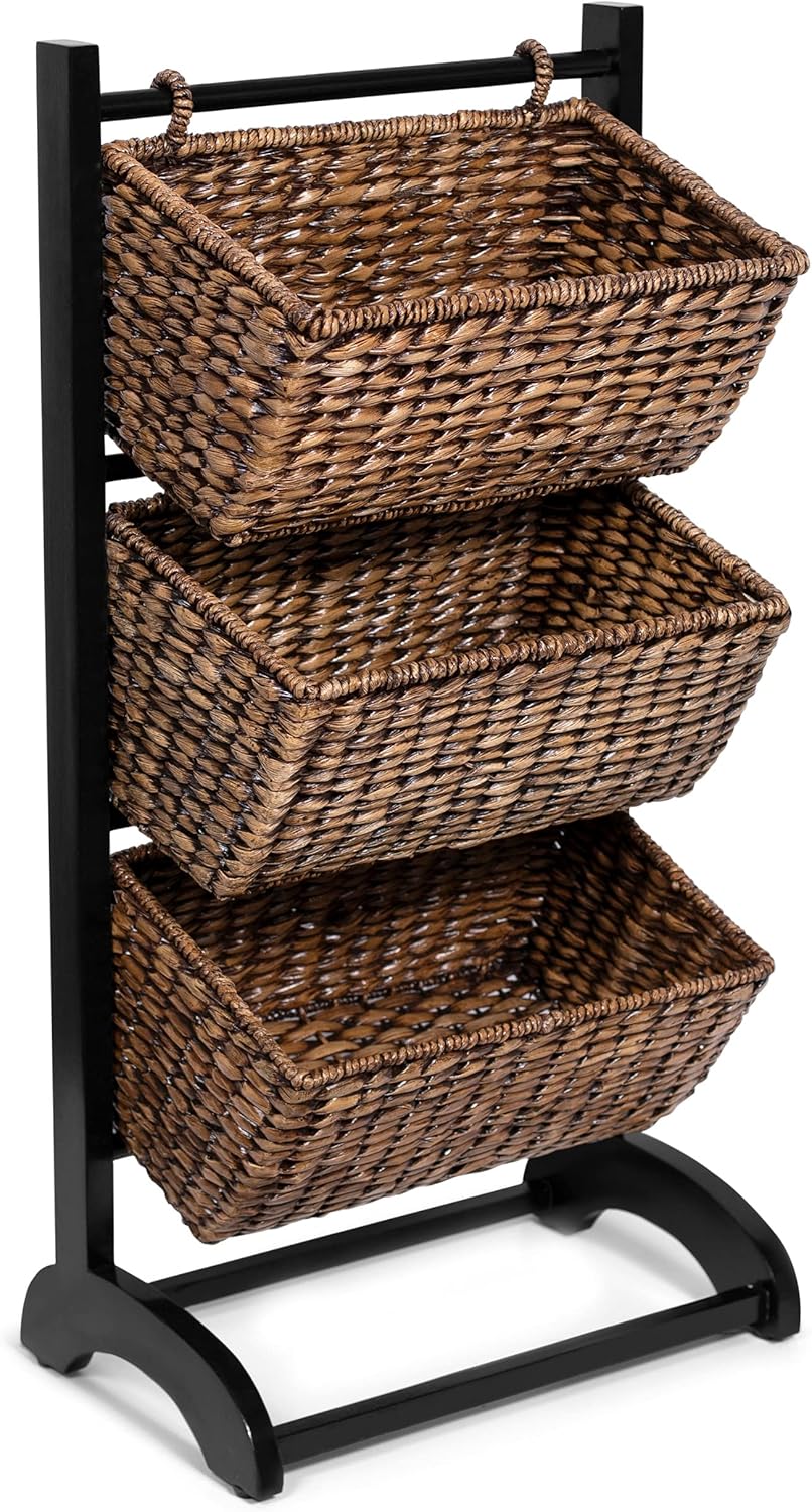 3-Tier Abaca Storage Organizer Shelf with Solid Wood Frame U778988